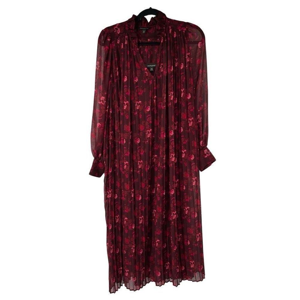 Banana Republic Burgundy Floral Fully‎ Pleated Chiffon Boho Long Sleeve Dress